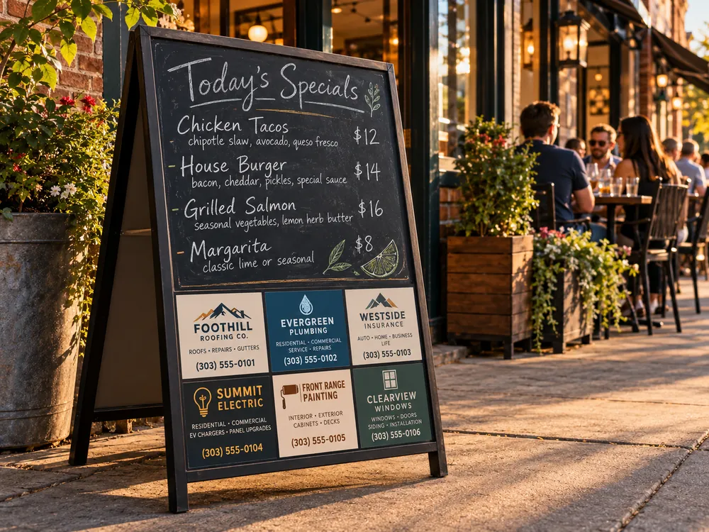 A sidewalk chalkboard outside a caf&eacute; listing the day&rsquo;s specials, with a panel of small local business advertisements along the bottom.