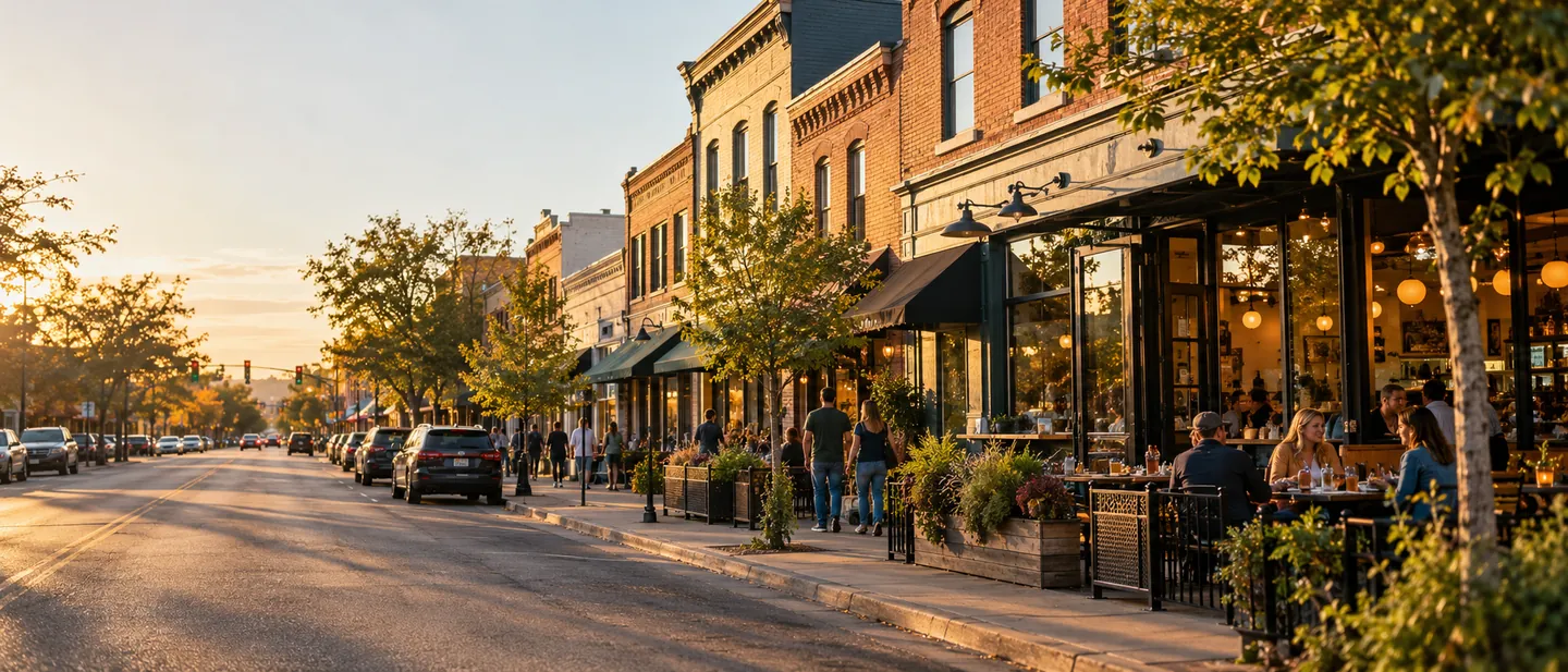 A downtown street at golden hour, with people dining on a caf&eacute; patio beside brick storefronts.